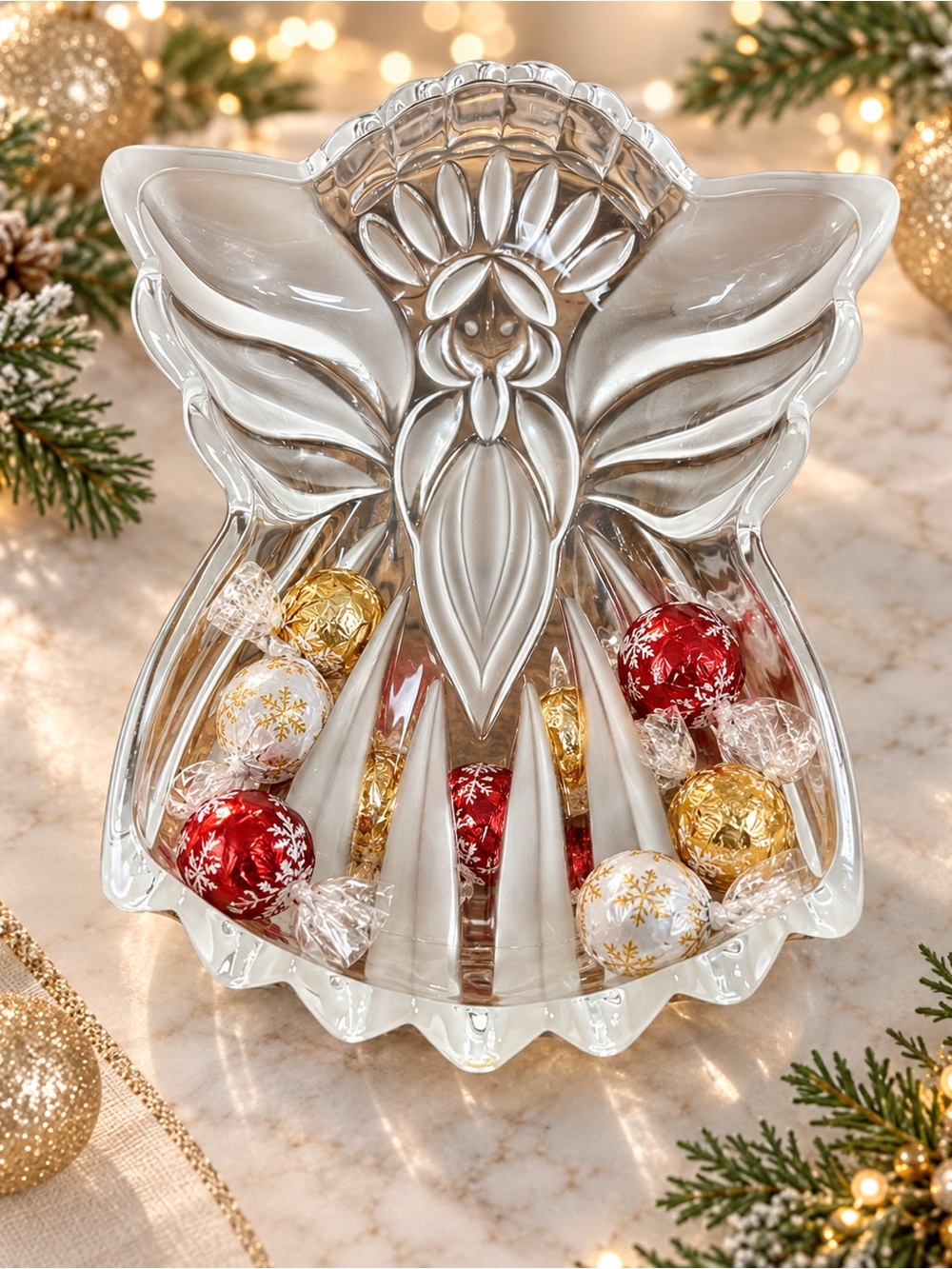 Gorham Angels of Peace Crystal Angel Candy Dish Holiday Traditions Austria @8” L